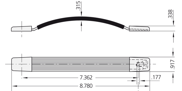 Technical line drawing of the MA-23 pull-out carrying handle including front, side, and top views with dimension annotations.