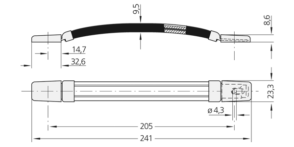 Technical drawing illustrating various views and dimensions of the MA-23 pull-out carrying handle for instruments and cases.