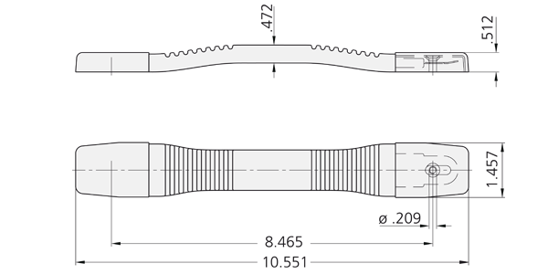 Technical drawing of the MA-37 carrying handle with dimensions and detailed views of the handle profile and top, showing ribbed grip and mounting features