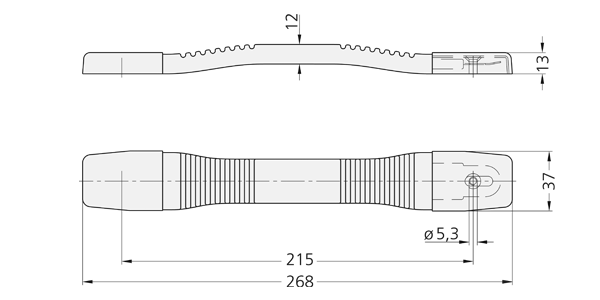 Technical drawing of the MA-37 collapsible handle showing side and top views with dimensions and mounting details.