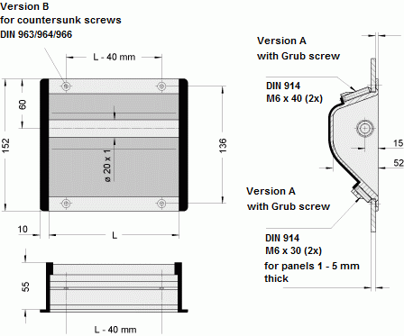 Technical drawing illustrating SG-20 tray handle with labeled dimensions and mounting instructions for versions A and B.