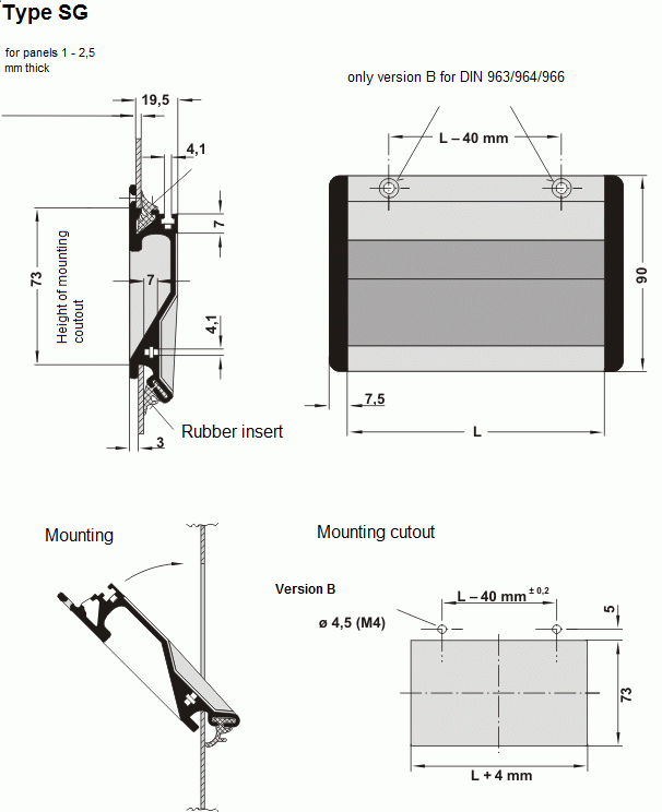 Technical drawing showing dimensions and mounting instructions for SG-73 tray handle
