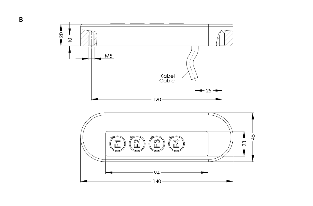 Technical line drawing of switch housing TG6 Type B with four push buttons labeled F1 to F4 and detailed dimensions.