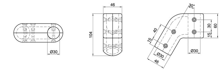 Technical drawing of a single-layer T-shaped tube connector with 30 degree and 150 degree angles, including detailed measurements and hole placements.