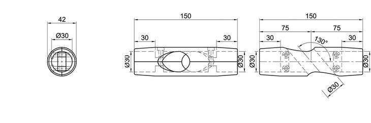 Technical drawing showing multiple views and measurements of a double-shell cross tube connector with angles 50 and 130 degrees and diameter 30 mm.