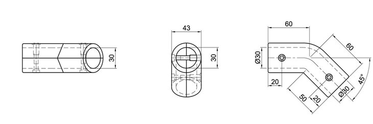 Technical drawing showing three views of a 45° / 135° angle tube connector with 30 mm diameter and detailed dimensions.
