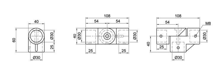 Technical CAD drawing showing front, top, and side views of a single-layer T-joint tube connector with detailed measurements.
