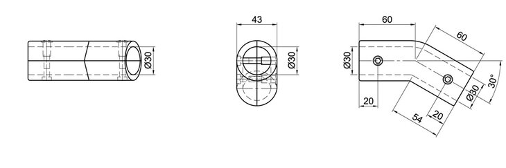 Technical drawing showing side, top, and angled views of a single-layer tube connector with 30° angle and 30 mm diameter, including detailed dimensional measurements