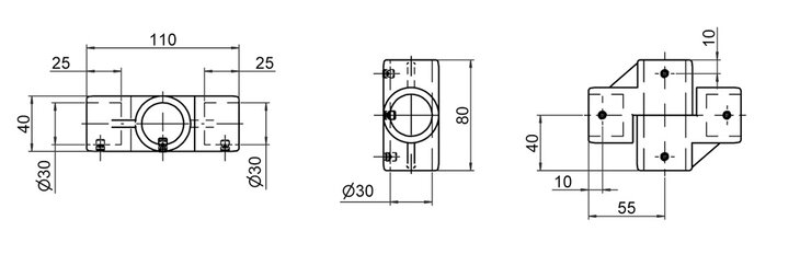 Technical drawing showing front, side, and top views of a single-wall cross-joint tube connector with detailed measurements and dimensions.