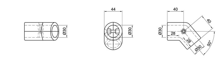 Technical drawing showing dimensions and angles of a two-layer tube connector with 30 mm diameter, including side, top, and angled views.