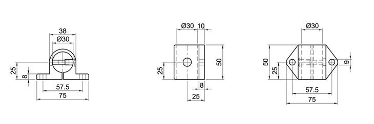 Technical drawing showing front, side, and top views of a single-shell wall bracket for tube connectors with detailed dimensions.