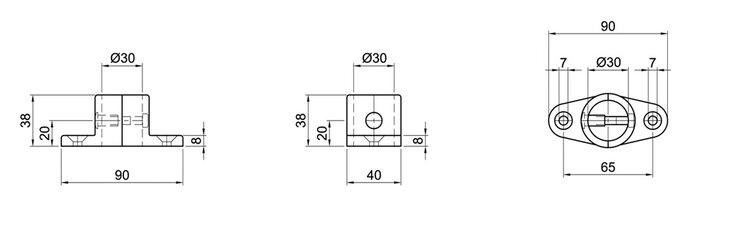Technical line drawing of a two-shelled floor bearing showing front, side and top views with precise measurements in millimeters.