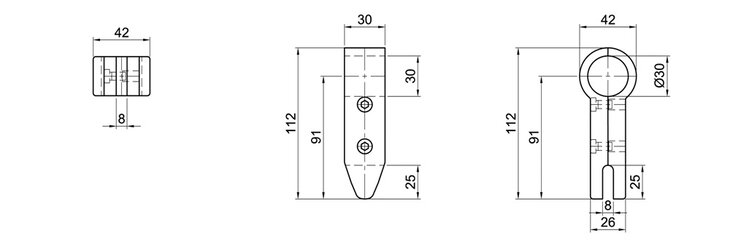 Technical drawing of a two-part glass holder with three views showing detailed dimensions including diameters, lengths, and mounting hole positions.