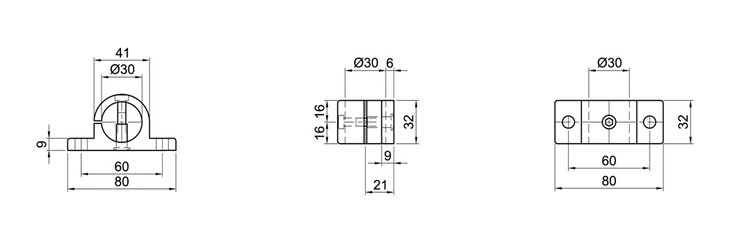 Technical drawing of a single-layer wall bracket for tube connectors with three views showing dimensions and design features