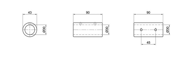 Technical drawing showing front, side, and top views of a single-shell tube connector with dimensions 30 mm in diameter, 90 mm in length, and two holes spaced 45 mm apart.