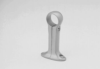 Silver metal tube connector support stand with circular top opening and two holes in the base for mounting on a plain gray background