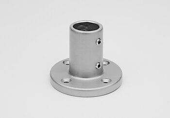 Metal single-sleeve floor bearing tube connector with round base and four screw holes on gray background