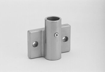 Metallic wall bearing bracket with cylindrical tube holder and flat base with screw holes