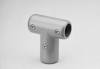 Metallic T-shaped tube connector with three hex screws against plain grey background