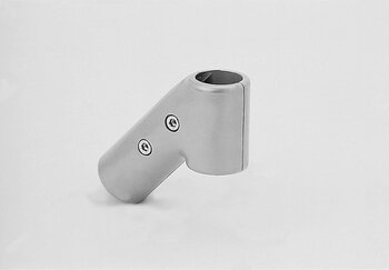 Metallic T-shaped tube connector at angle 45° / 135° with two hexagonal socket screws, isolated on light background