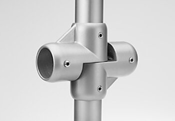 Silver single-wall cross joint connector attached to two intersecting cylindrical tubes with screws securing the connection