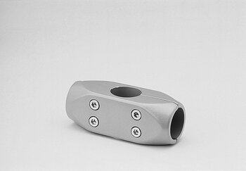 Silver metal tube connector with two circular openings and four screws