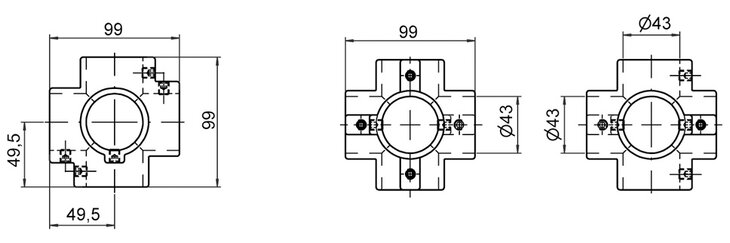 Technische Zeichnung eines sechsfache Kreuz-Rohrverbinders mit den Maßen 99 mm x 99 mm x 49,5 mm und einem Rohrdurchmesser von 43 mm, frontale und seitliche Ansicht.