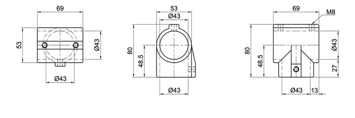 Technische Zeichnung eines einlagigen T-Verbinders in drei Ansichten mit allen relevanten Maßen und Details