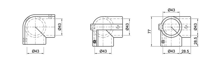 Technische Zeichnung eines Eck-Verbinders mit 90 Grad Winkel und 43 mm Rohrdurchmesser aus drei Perspektiven