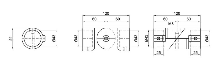 Technische Zeichnung eines einlagigen Winkel-Gelenkverbinders mit drei Ansichten und Maßen