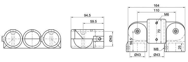 Technische Zeichnung eines Kreuz-Gelenkverbinders mit drei Rohranschlüssen und detaillierten Maßangaben