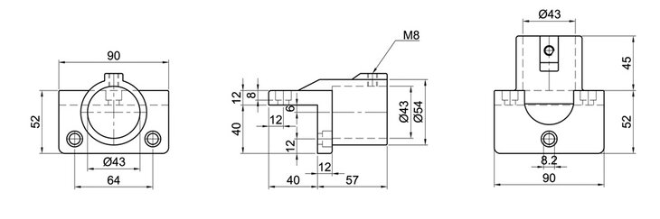 Technische Zeichnung eines einzelnen Boden-Wandlagers mit detaillierten Abmessungen von Vorder-, Seiten- und Draufsicht