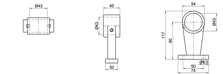 Technische Zeichnung einer Endstütze mit Rohrdurchmesser 43 mm und detaillierten geometrischen Maßen in drei Ansichten