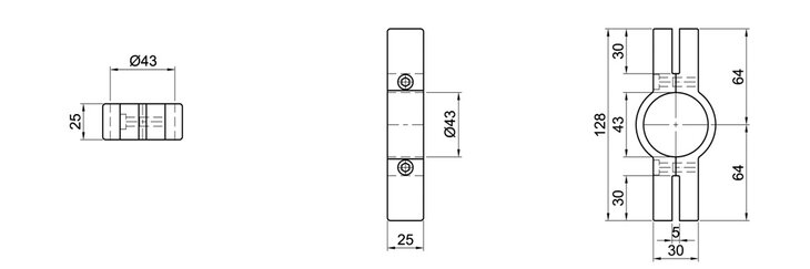 Technische Zeichnung eines zweischaligen Doppel-Glashalters mit Maßen in drei Ansichten