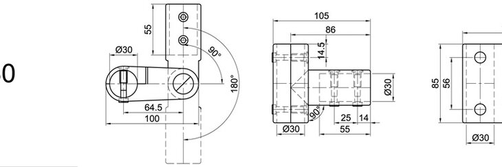 Technische Zeichnung eines Pendellagers mit Rohrdurchmesser 30 mm, verschiedenen Ansichten und Maßangaben