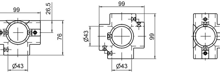 Technische Zeichnung eines fünf-fach Kreuz-Verbinders für Rohre mit einem Durchmesser von 43 mm, mit detaillierten Abmessungen und Ansichten.
