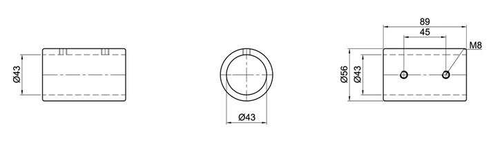 Technische Zeichnung eines einlagigen Rohr-Verbindungsstücks mit Maßen Ø43 mm Durchmesser, 89 mm Länge und zwei M8 Schraubenlöchern