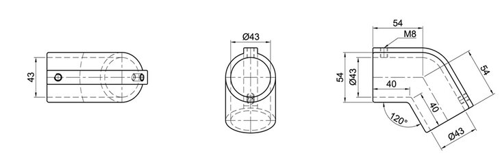 Technische Zeichnung eines einlagigen 60°/120° Winkel-Verbinders mit drei Ansichten und Bemaßungen