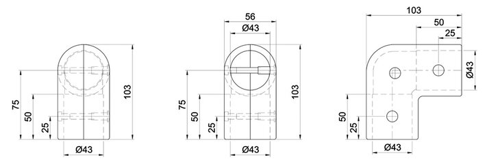 Technische Zeichnung eines 90 Grad Winkel-Rohrverbinders mit zwei Schalen und Maßangaben