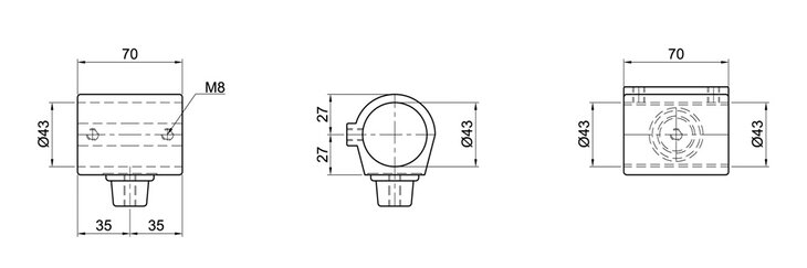 Technische Zeichnung eines Rohrhalters mit Maßen 70 mm Länge, 43 mm Durchmesser und M8 Befestigungsschrauben