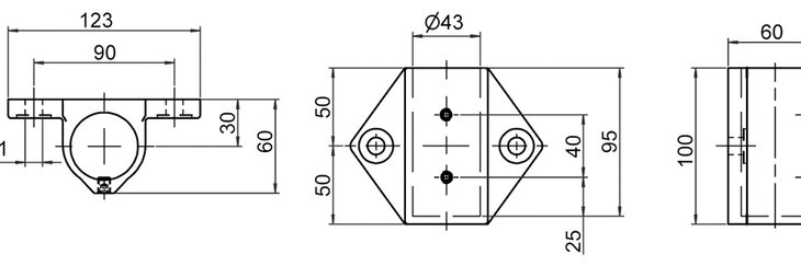 Technische Zeichnung eines einlagigen Wandlagers mit Maßen und Bohrungen in drei Ansichten