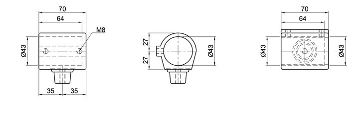 Technische Zeichnung Rohrhalter-S Kopfst�fcck 1-schalig mit Ma�szahlenangaben in drei Ansichten
