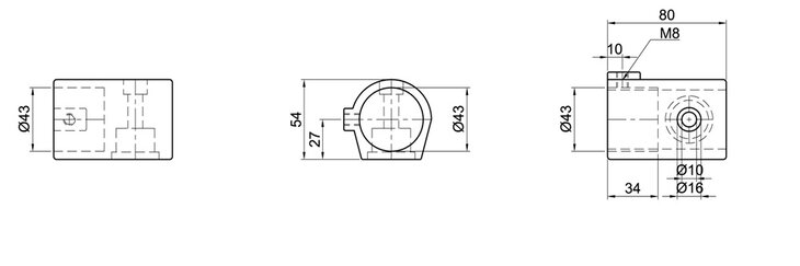 Technische Zeichnung eines Rohrhalters mit den Maßen 43 mm Durchmesser, 80 mm Länge, Bohrungen ø10 mm und ø16 mm, Gewindebohrung M8