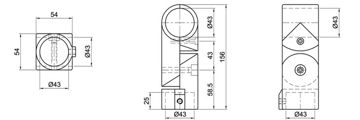 Technische Zeichnung einer T-förmigen Rohrverbindung mit detaillierten Abmessungen und drei Ansichten
