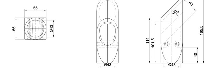 Technische Zeichnung eines zweischaligen T-Verbinders mit 45° und 135° Winkel, mit detaillierten Maßangaben