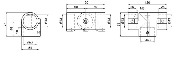 Technische Zeichnung eines T-förmigen Rohrverbinders mit zwei Schalen und detaillierten Maßen