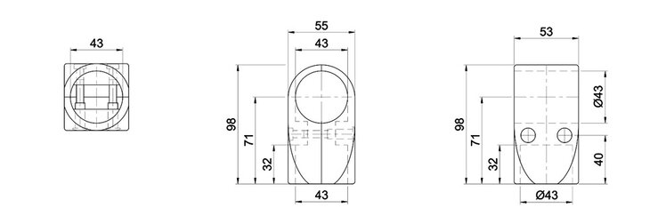 Technische Zeichnung eines T-Verbinders mit zwei Schalen und Maßangaben von 43 mm, 55 mm, 98 mm Höhe, Rohrdurchmesser 43 mm, drei Ansichten