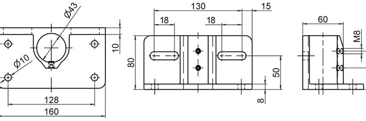 Technische Zeichnung eines einlagigen Bodenlagers für Fußleisten mit detaillierten Abmessungen in Vorderansicht, Draufsicht und Seitenansicht.