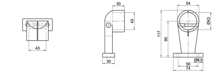 Technische Zeichnung eines Endstütze-Rohrverbinders mit Maßen in drei Ansichten