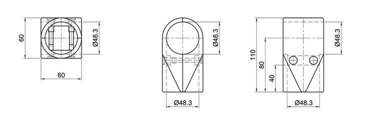 Technical line drawing of a two-shell T-shaped tube connector with three orthographic views and dimensional annotations